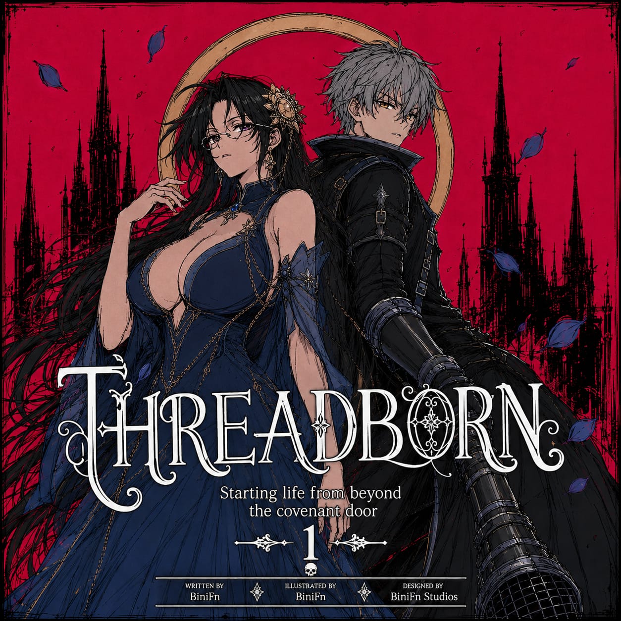 Threadborn Volume 1 cover with red background and purple dress